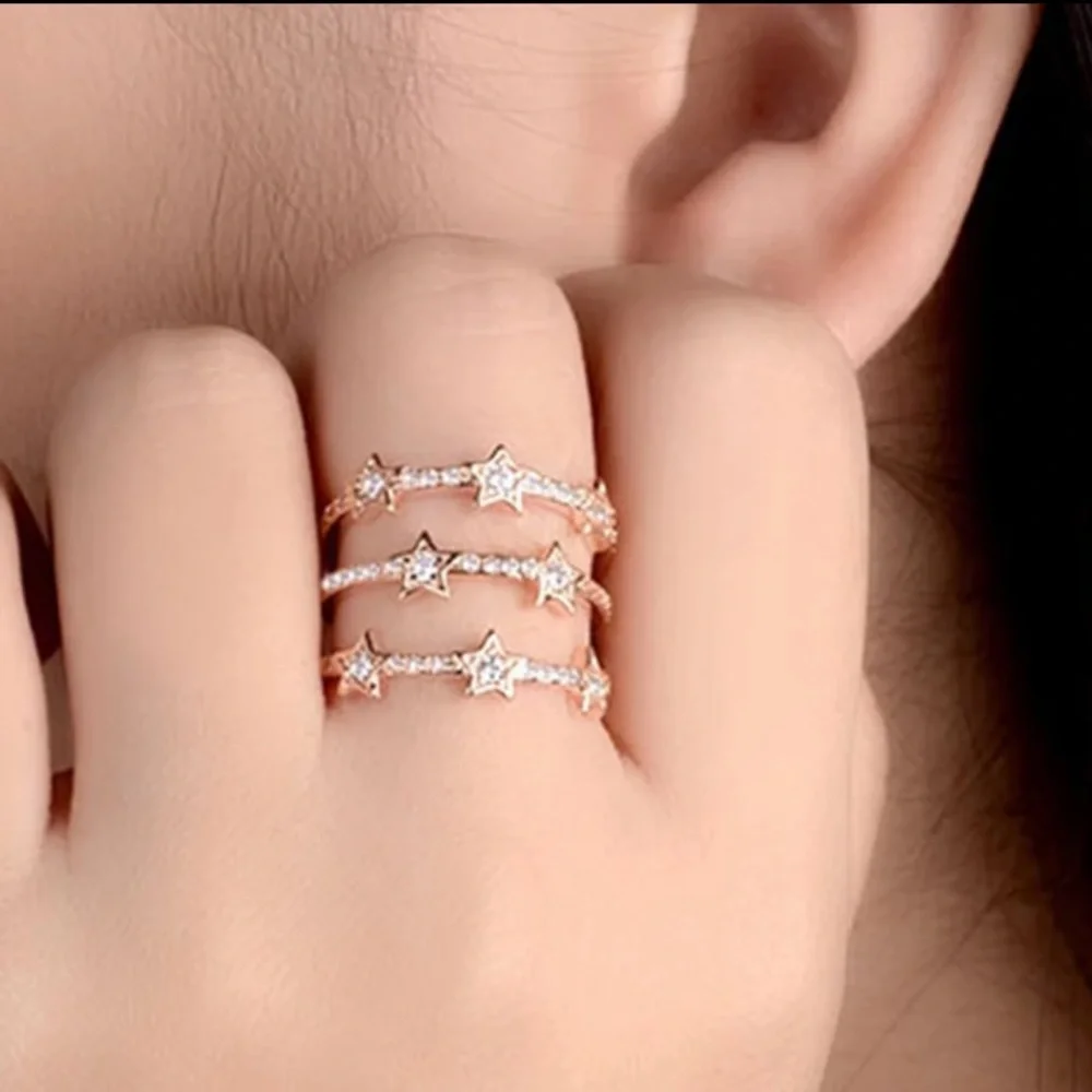 NEW ROSE GOLD STAR MULTI LAYER 925 STERLING SILVER, CUTE RING, SHINY RING. - Picture 1 of 3
